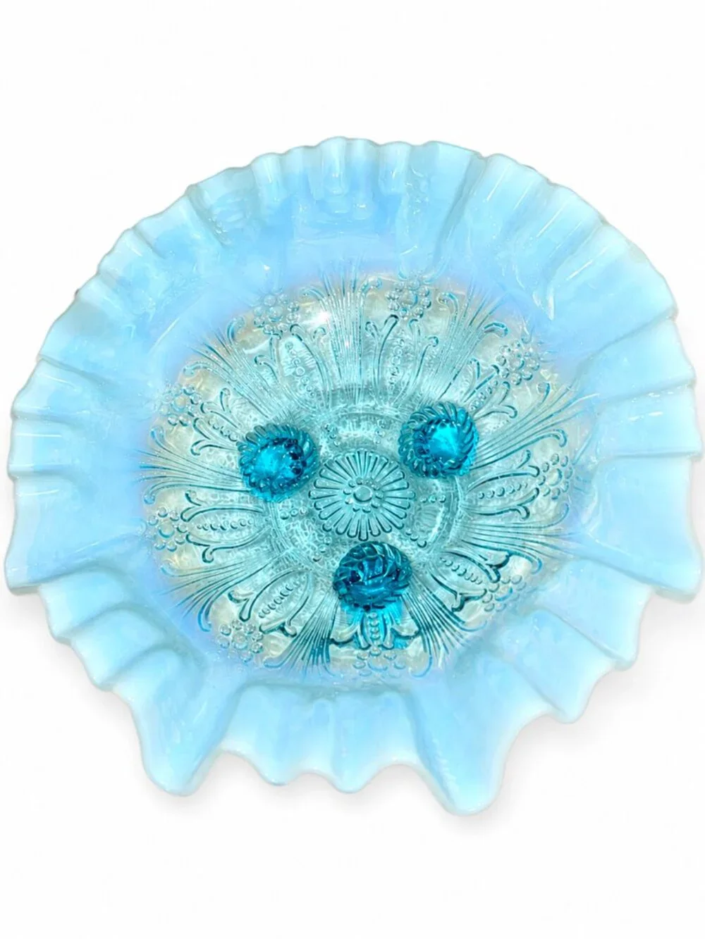 Antique Jefferson Blue Opalescent Beaded Fleur De Lis Footed Ruffled Glass Bowl